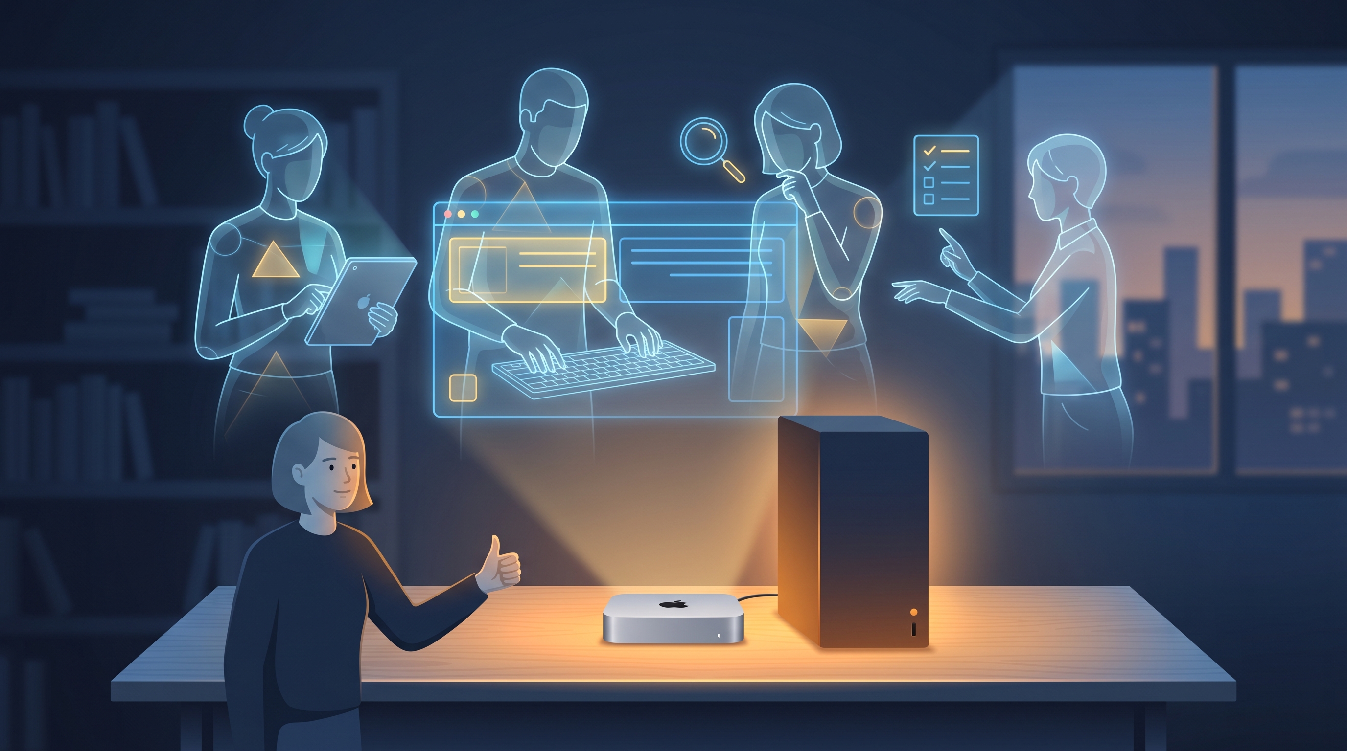 A small team of AI agents building software on local hardware, with a human approving